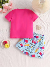 Girl Toddler 2pcs Short Sleeve T-Shirt And Shorts Set, Cartoon Apple & Pencil Print, Summer